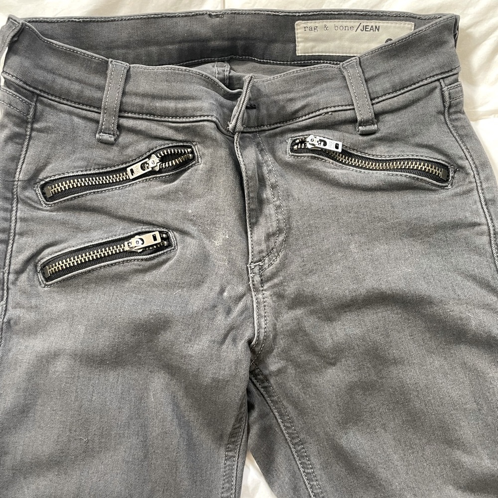 Rag and bone jeans, size 26, length 37”, stylish zippers in front and bottom.